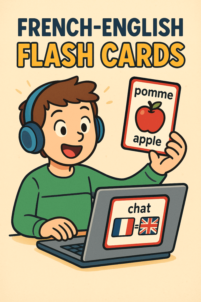 Child using flashcards for French-English learning.