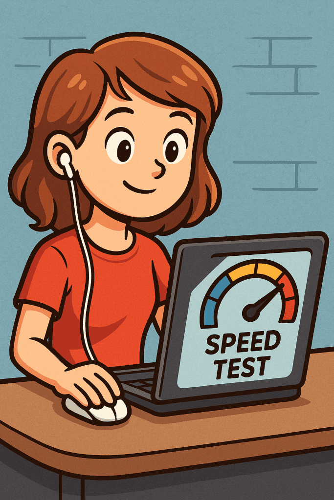 Girl taking an internet speed test on laptop.