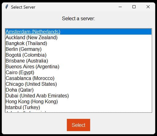 Dropdown menu to select a server location.