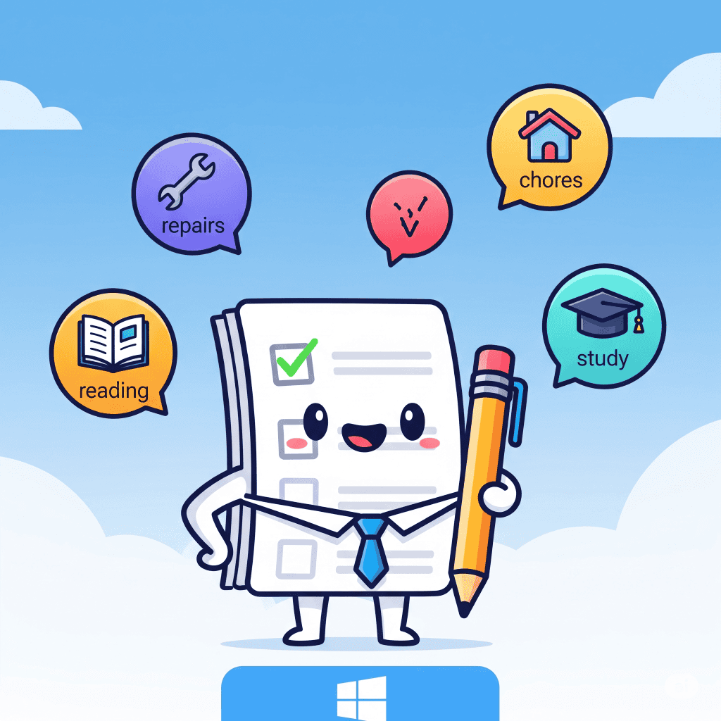 Character holding a checklist with various tasks.