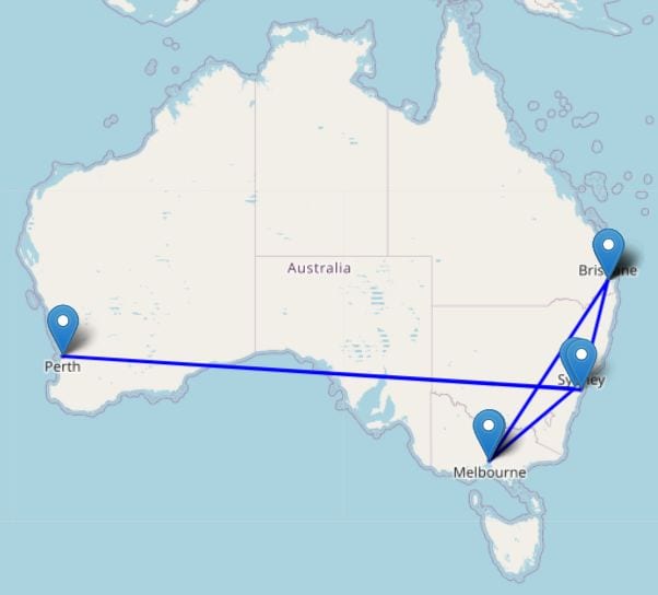 Map of major Australian cities and connections.