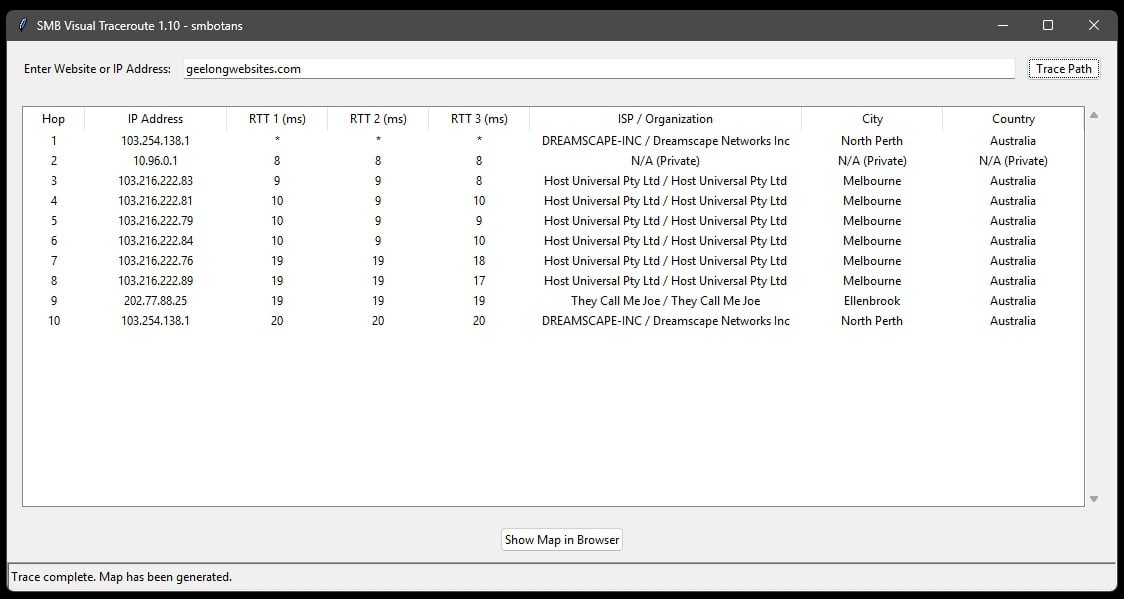 SMB Visual Traceroute software interface displaying data.
